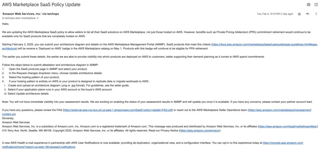 “AWS Marketplace SaaS Policy Update”