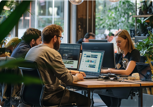 Group of employees working on laptops