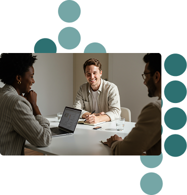 Workers at table talking