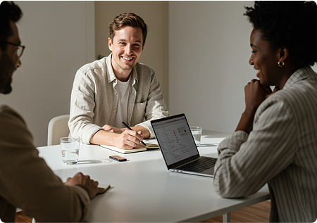 Group working at table with laptop